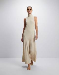 Model wearing Premium funnel neck dropped waist maxi dress in natural woven stripe