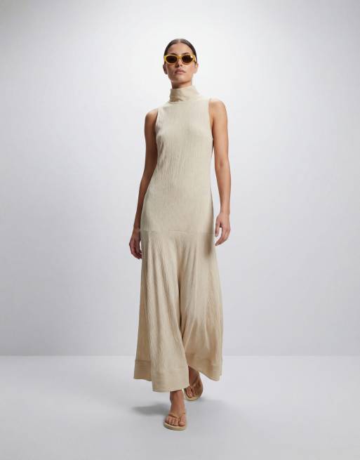 topshop pleat tiered midaxi dress Topshop premium funnel neck dropped waist midaxi dress in natural woven  stripes