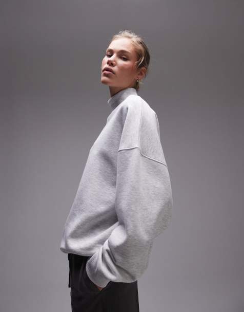 Topshop premium funnel neck sweat in grey marl - view 1