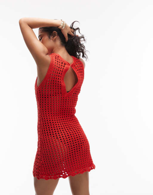Topshop Premium Gebreide gehaakte mini-jurk in rood ASOS