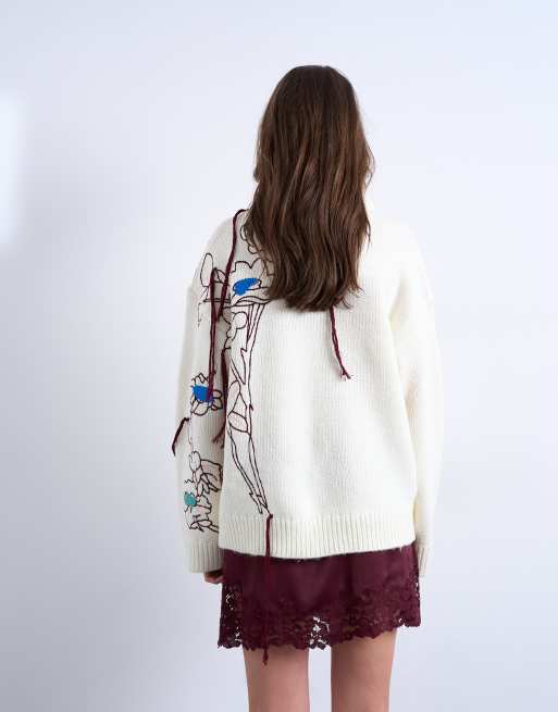 Topshop - Premium - Gebreide oversized geborduurde trui in ivoorwit, 4 van 4