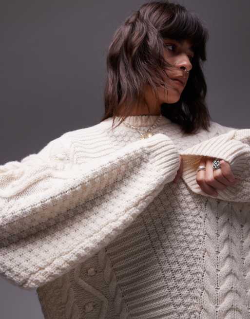 Topshop - Premium gebreide oversized trui van 100% wol met kabels in ivoorwit, 2 van 4