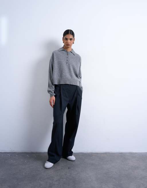 Topshop - Premium gebreide polo trui van lamswol in grijs, 2 van 4