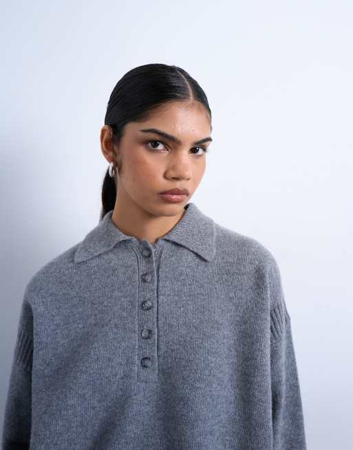 Topshop - Premium gebreide polo trui van lamswol in grijs, 3 van 4