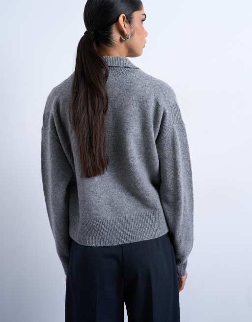 Topshop - Premium gebreide polo trui van lamswol in grijs, 4 van 4