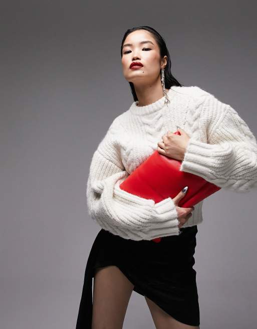 Topshop - Premium - Gebreide trui met kabels en ovale mouwen in crème