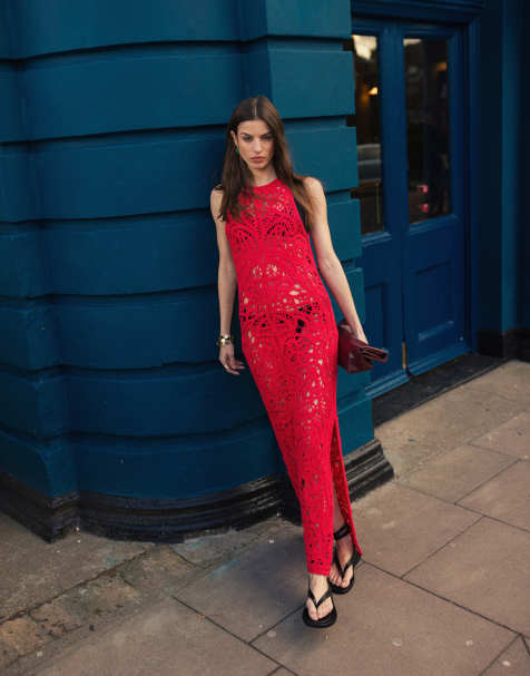 Topshop - Premium - Gehaakte gebreide maxi jurk in rood - view 1