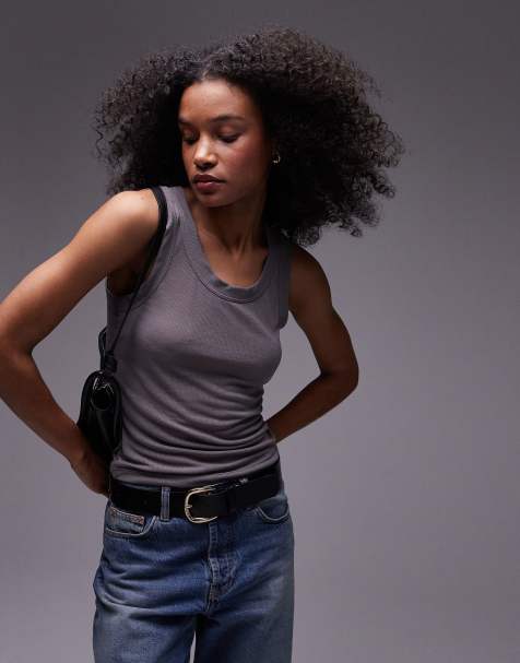 Topshop - Premium - Gennemsigtig tanktop i skifergrå ribstrik - view 1