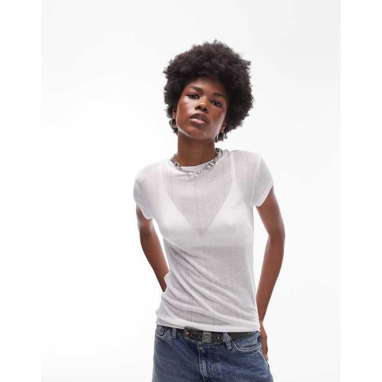 Topshop Premium Geribbeld doorschijnend T shirt met lange pasvorm in wit ASOS