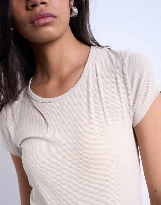 Topshop - Premium - Geribbeld T-shirt met korte mouwen in stone, 2 van 4
