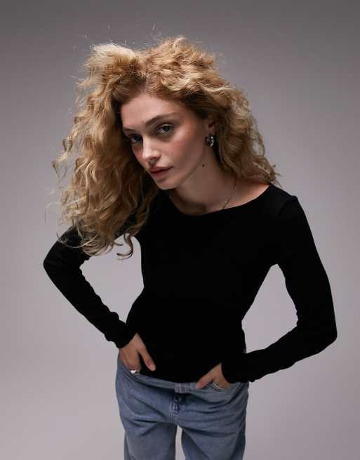 Topshop - Premium geribbelde top met lange mouwen en rimpels in zwart