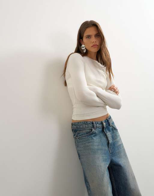 Topshop - Premium - Geribbelde top met lange mouwen in ecru, 4 van 4