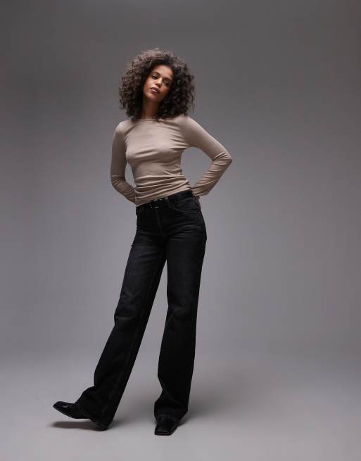Topshop - Premium - Geribbelde top met lange mouwen in gemêleerd lichtbeige, 2 van 4