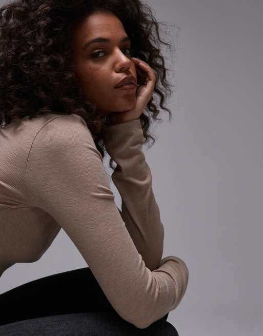 Topshop - Premium - Geribbelde top met lange mouwen in gemêleerd lichtbeige, 3 van 4