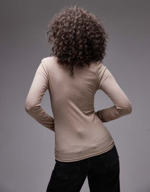 Topshop - Premium - Geribbelde top met lange mouwen in gemêleerd lichtbeige, 4 van 4