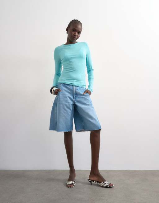 Topshop - Premium - Geribbelde top met lange mouwen in lichtblauw, 3 van 4