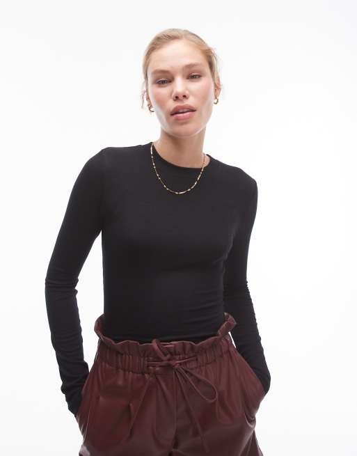 Topshop - Premium - Geribbelde top met lange mouwen in zwart