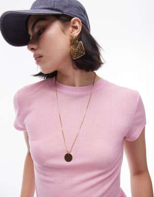 Topshop - Premium - Geripptes, transparentes Longline-T-Shirt in Rosa