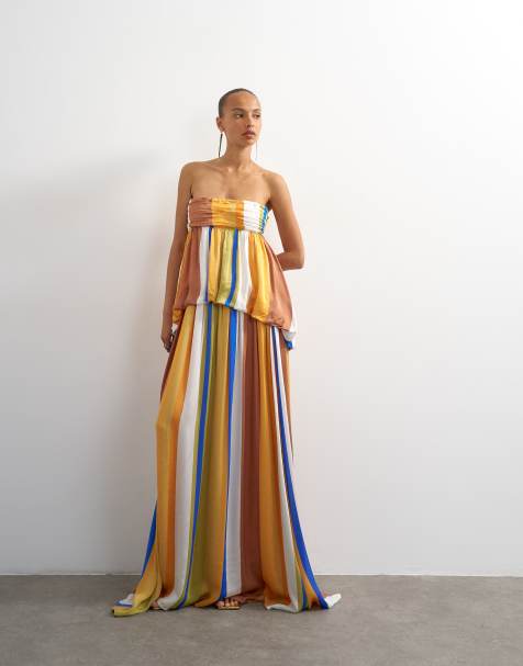 Topshop - Premium - Gestreepte satijnen maxi bandeau-jurk met verlaagde taille - view 1
