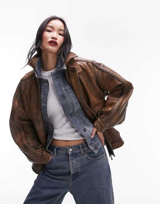 Topshop Premium - Giacca bomber oversize in vera pelle color cuoio