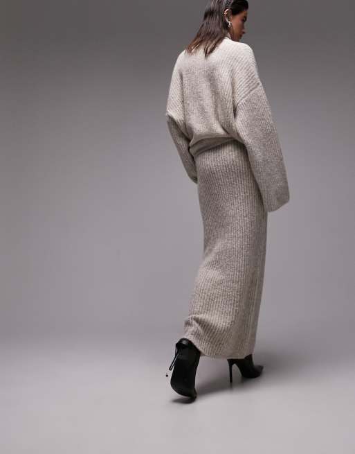 Topshop Premium - Gonna midi in maglia bouclé beige a coste, 2 di 4