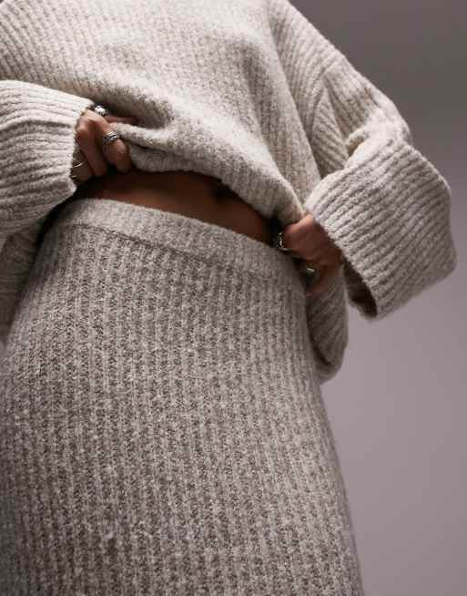 Topshop Premium - Gonna midi in maglia bouclé beige a coste, 3 di 4