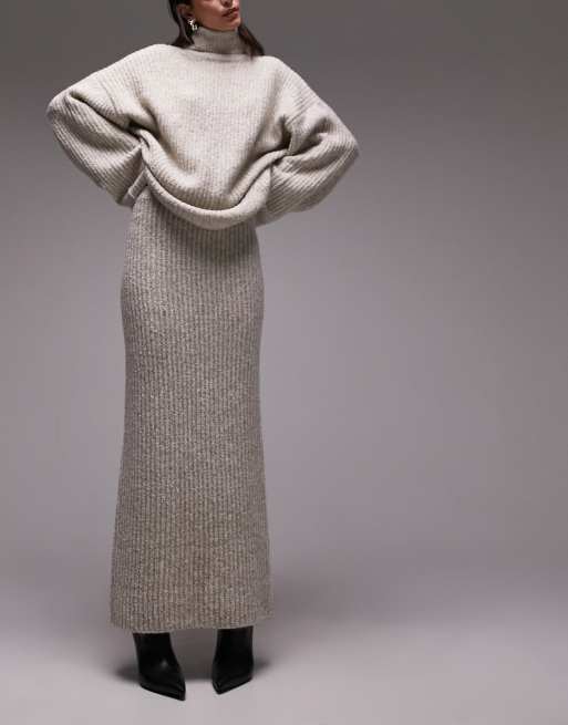 Topshop Premium - Gonna midi in maglia bouclé beige a coste, 4 di 4