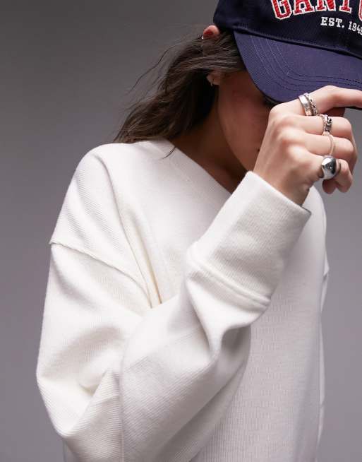 Topshop – Premium – Gräddvit långärmad topp i slouchy stil med v-ringning, del av set, 2 av 4