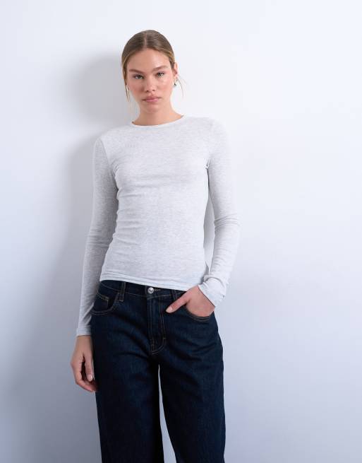 Topshop – Premium – Gråmelerad, ribbad topp med långa ärmar, 2 av 4