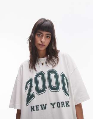 Topshop Premium Graphic 2000 New York Oversize Tee In White