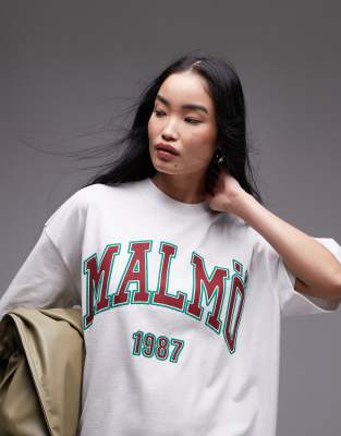 Topshop Premium Graphic Malmo Super Oversized Tee In White