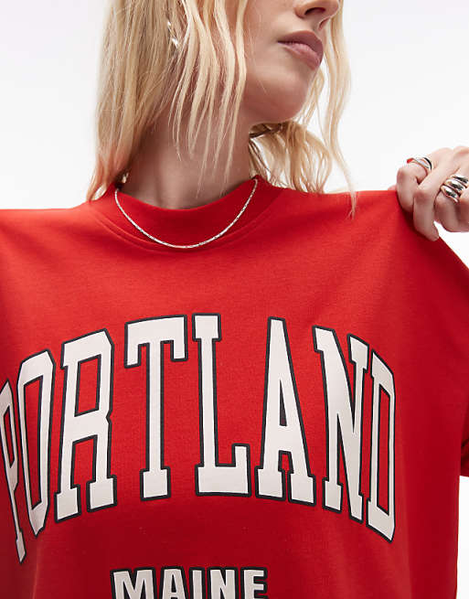Topshop premium graphic Portland super oversized tee in red Topshop premium graphic Portland super oversized tee in red