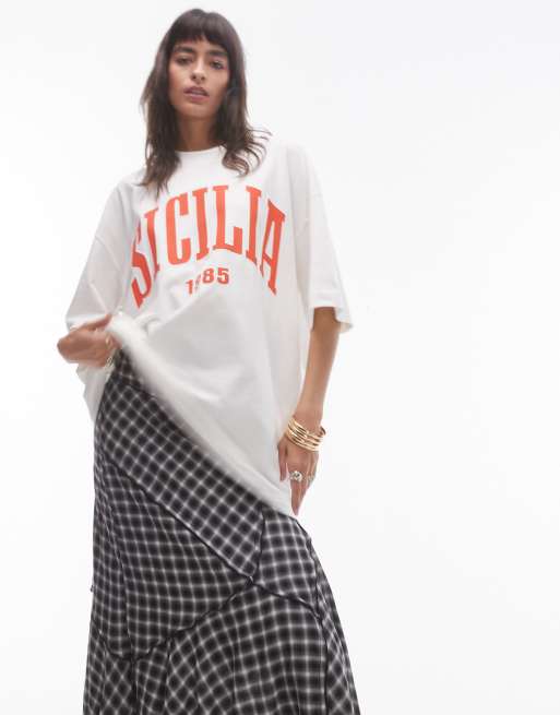 Topshop premium graphic Sicilia super oversized tee in white, 4 of 4
