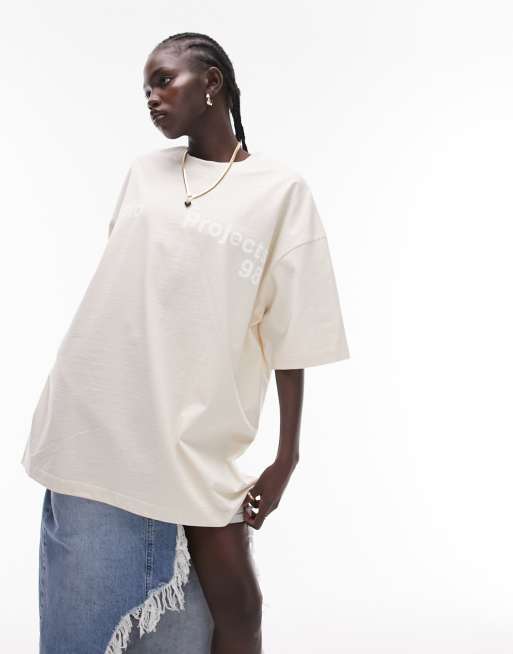 Topshop premium graphic studio oversized tee in oat marl (part of a set)