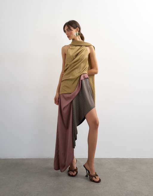 asymmetrical halter mini dress Topshop premium neck asymmetric satin with scarf detail in geometric scarf print Size:US24 Daytime Linen Shirt Dress For Style with metallic heels