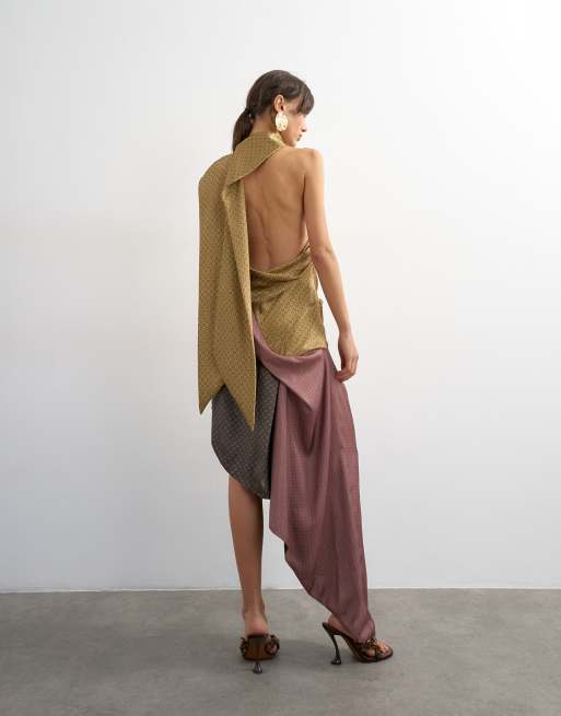 halter dress with shawl Topshop premium neck asymmetric satin mini scarf detail in geometric scarf print shawl over dress