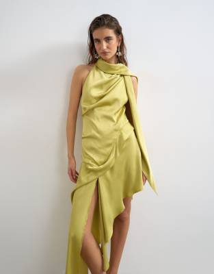 Topshop Premium Halter Neck Asymmetric Satin Mini Dress With Scarf Detail In Yellow