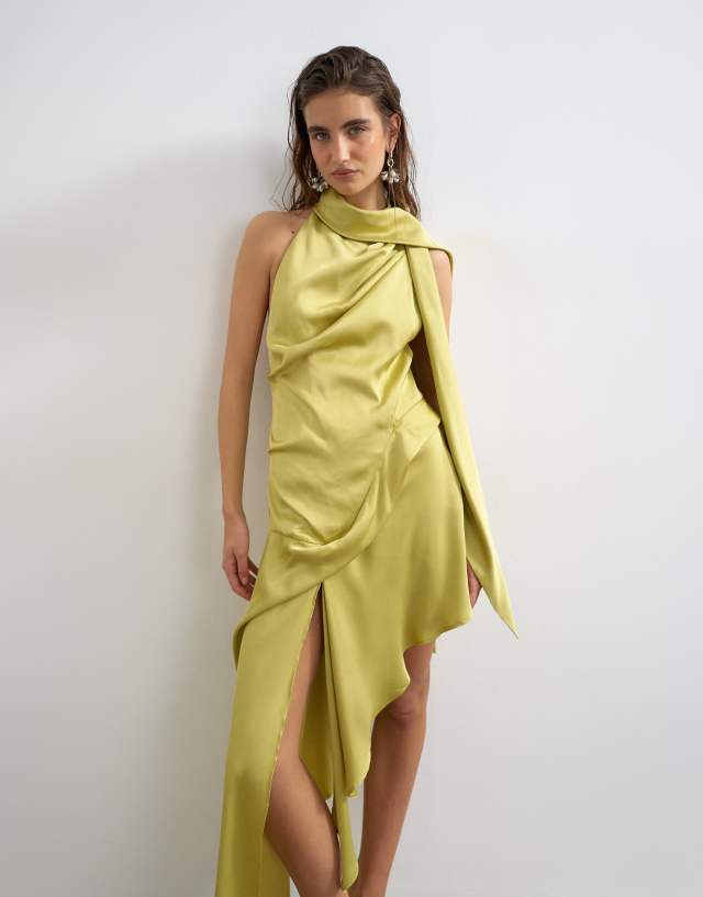 asymmetrical halter mini dress Topshop - Neck Asymmetric - Women - Polyester - 14 US Size:US24 Daytime Linen Shirt Dress For Style with metallic heels