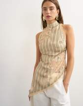 Topshop premium halter neck top with contrast lace detail in green stripe
