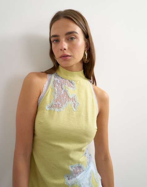 Topshop premium halter neck top with contrast lace detailing in green - view 1