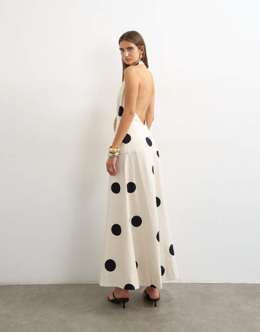Topshop premium halter neck wrap maxi dress in natural mono polka dot, 2 of 4