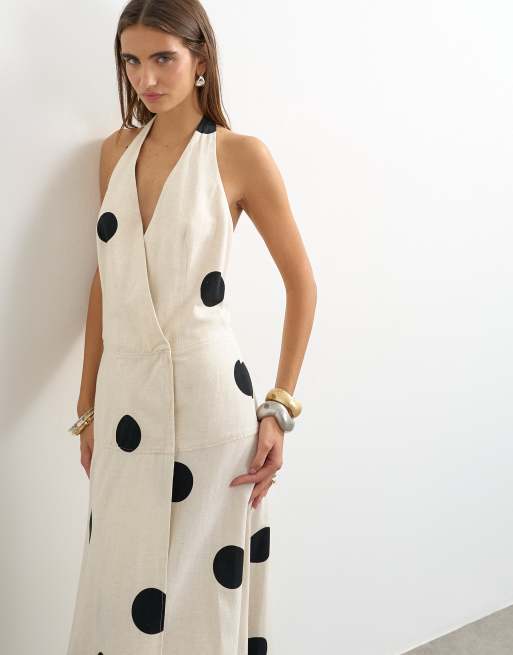 Topshop premium halter neck wrap maxi dress in natural mono polka dot, 3 of 4