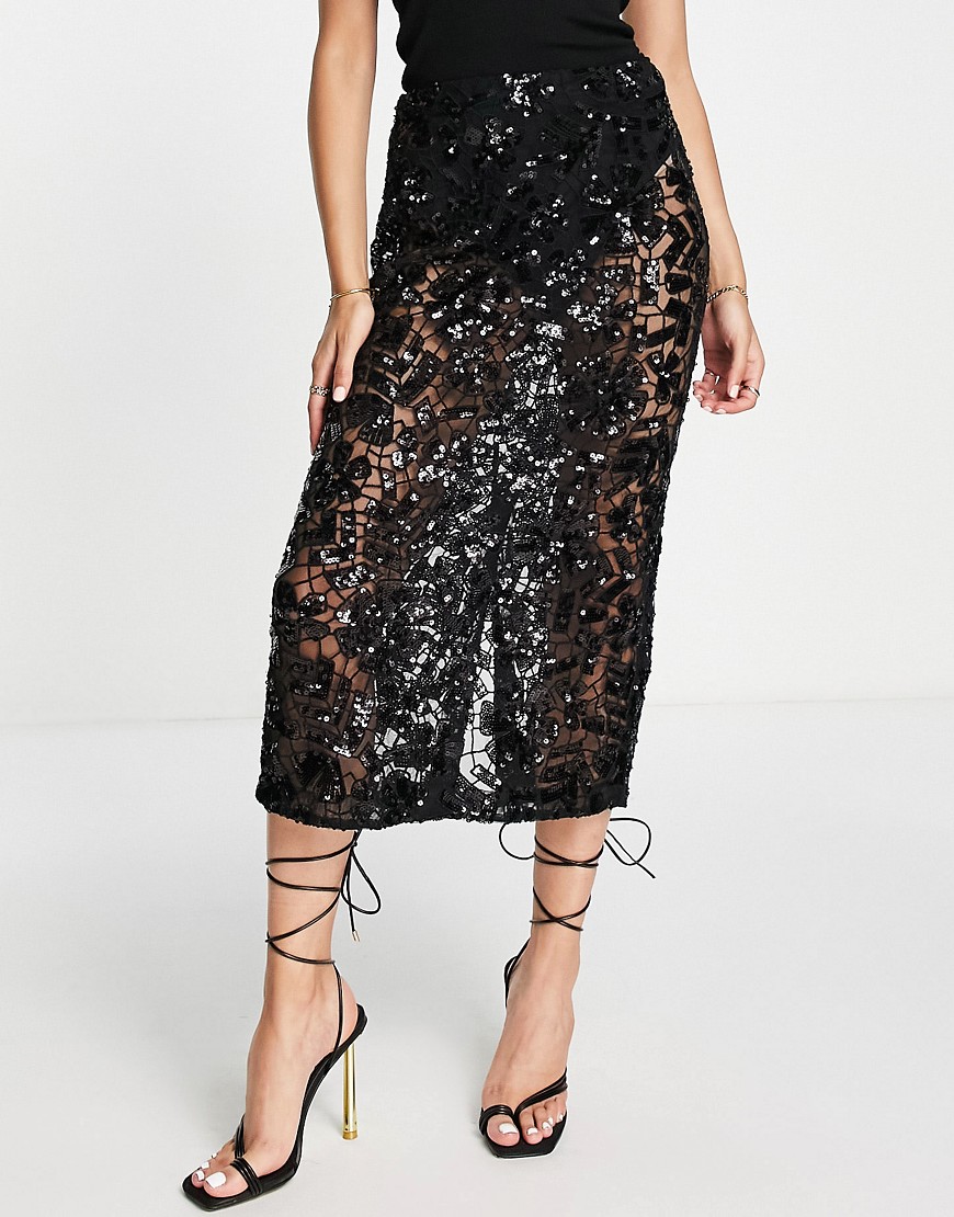 topshop premium hand embellished sheer lace midi skirt in black