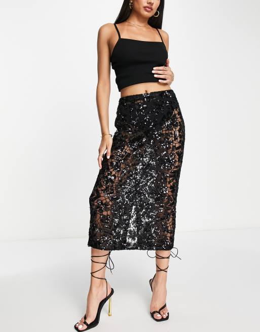 Topshop premium hand embellished sheer lace midi skirt in black