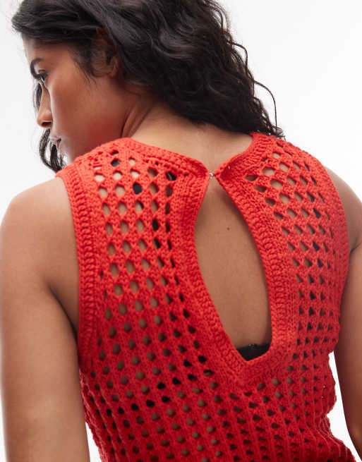Topshop Premium Hand Knit Crochet Mini Dress in Red