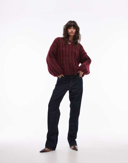 Topshop premium hand knit ladder stitch oversized jumper in burgundy, 2 of 4