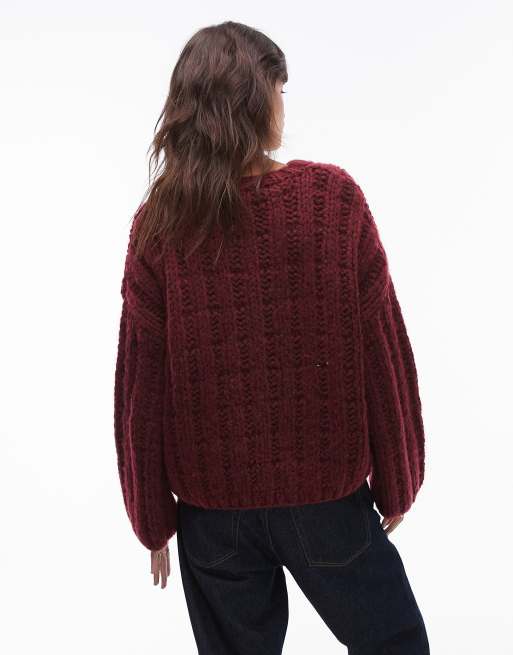 Topshop premium hand knit ladder stitch oversized jumper in burgundy, 4 of 4