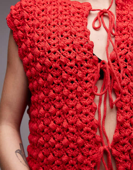 Topshop premium hand knit tie front vest in red, 3 of 4
