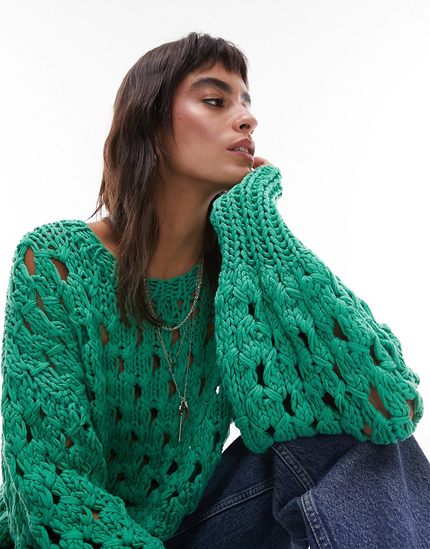 Topshop premium hand knitted open stitch jumper in green-Neutral