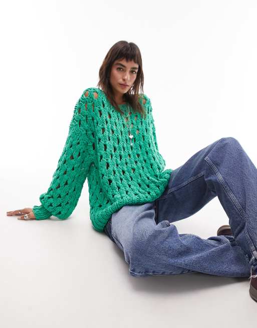 Topshop premium hand knitted open stitch jumper in green, 3 of 4
